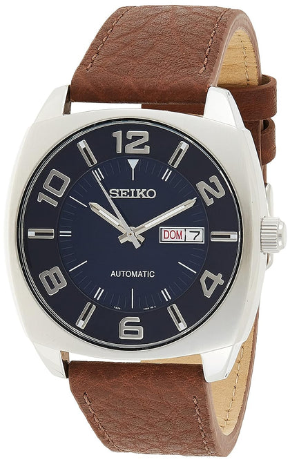 SEIKO Brown Leather Automatic Watch - Recraft Series, Day/Date, 50m Water Resistant, Blue Dial, Luminous Hands