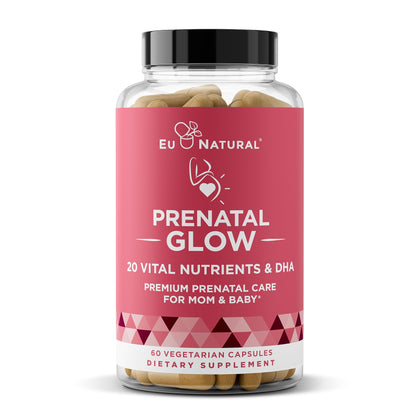 Glow Prenatal Vitamins for Women - 20-in-1 Vital Nutrients for Healthy Pregnancy and Fetal Development - Folic Acid & Vegan DHA For Baby's Growth & A Comfortable Pregnancy - 60 Nourishing Capsules