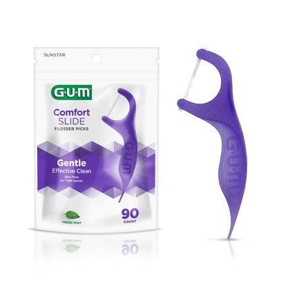 GUM Comfort Slide Floss Picks - Perfect for Tight Teeth - Extra Strong Shred-Resistant Dental Floss, Easy Grip Handle - Dental Flossers for Adults - Fresh Mint Flavor, 90 ct