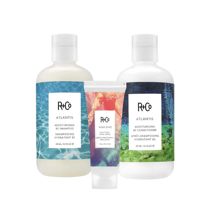 R+Co Atlantis Moisturizing B5 Shampoo and Conditioner Set (8.5 Oz) + High Dive Travel Size (.5 Oz) | Shines + Tames Frizz + Hydrates | Vegan + Cruelty-Free |