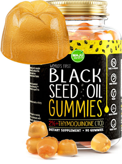MAJU's Black Seed Oil Gummies, World's 1st, 2.5X Per BSO Gummy, Cumin Nigella Sativa Oil, Cold-Pressed, Potent Formula with Cinnamon Extract, Tasty, 500mg 90ct