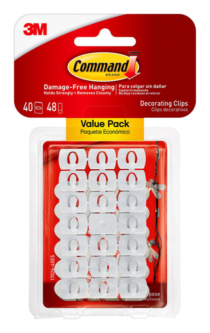 Command Small Decorating Clips, Damage Free Hanging Light Clips with Adhesive Strips, No Tools Small Wall Clips for Hanging Lights and Cables, 40 White Clips and 48 Command Strips