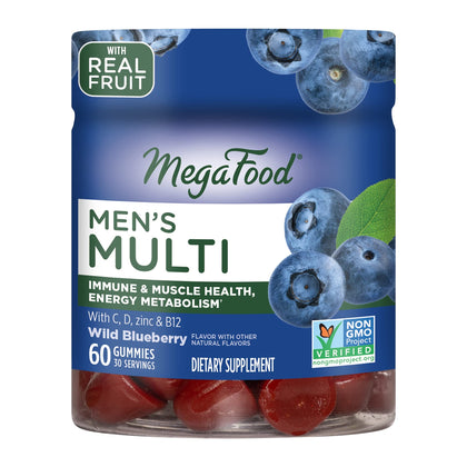 MegaFood Men's Multi - Multivitamin for Men - Gummy Vitamins for Men - Vitamin C, Vitamin D, Zinc, Vitamin B12 & Real Fruit - Immune Support  - Vegetarian - Wild Blueberry - 60 Gummies (30 Servings)