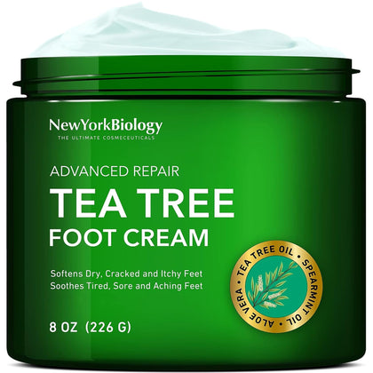 New York Biology Tea Tree Oil Foot Cream for Dry Feet, Athletes Foot, Nail Fungus, Jock Itch, Ringworm, Cracked Heels and Itchy Skin - 8 oz