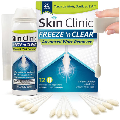 Skin Clinic FREEZE 'n CLEAR Advanced Wart Remover, Tough on Warts, Gentle on Skin, (12 Precision Applicators)