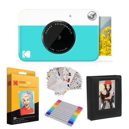 Kodak Printomatic Instant Camera (Blue) Gift Bundle + Zink Paper (20 Sheets) + Case + 7 Sticker Sets + Markers + Photo Album. , 2x3