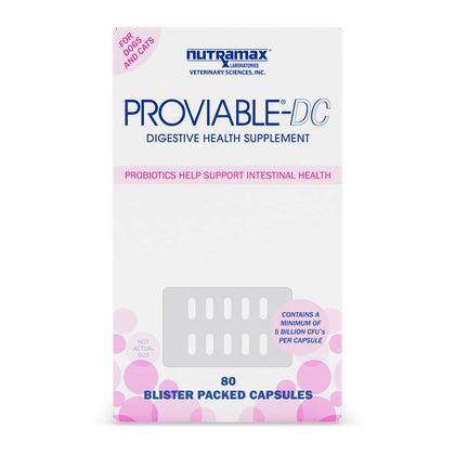 Nutramax Proviable Digestive Health Supplement Multi-Strain Probiotics and Prebiotics for Cats and Dogs - with 7 Strains of Bacteria, 80 Capsules