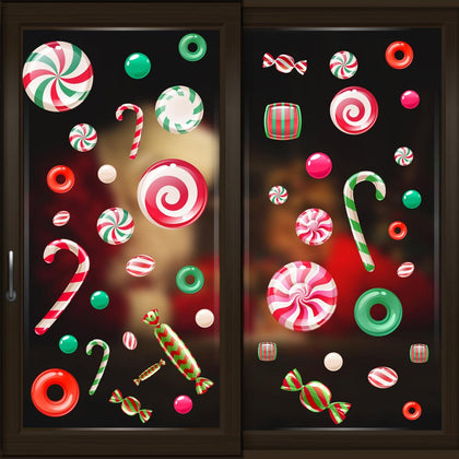 WALPLUS Christmas Window Clings Christmas Decorations Clearance Christmas Wall Sticker Double-Sided Reusable Peel and Stick Removable for Glass Living Room Xmas Peppermint Candy and Sweets 46 Pieces