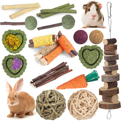 YIXUND Rabbit Toys Guinea Pig Toys Hamster Toys Bunny Toys 18Pcs Natural Timothy Hay Sticks Apple Wood Sticks Chinchilla Toys for Teeth Care Handmade