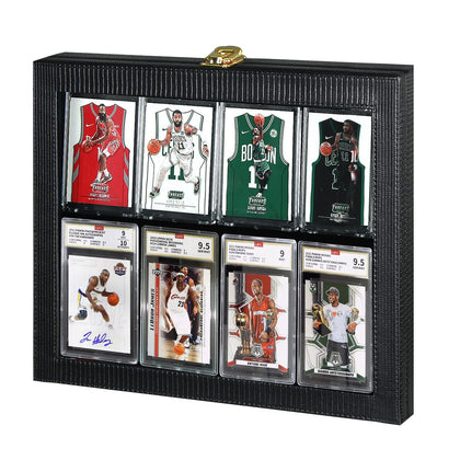 Fanousy Baseball Card Display Case, PU Leather Trading Card Display Frame Holds 8 PSA Graded Card Wall Memorabilia Display Cases for Sports Football Basketball Pokemon Trading Playing, Horizontal