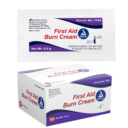 Dynarex First Aid Burn Cream - Burn Ointment For Minor Cuts, Wounds, Burns - Single Dose Water-Based Formula with Benzalkonium Chloride - For Medical & Home Care - 0.9g Packets, Box of 144