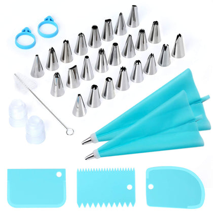 34Pcs Piping Bags and Tips Set, Bake Cake Decorating Kit with 24 Stainless Steel Tips, 2 Reusable Silicone Pastry Bags, 3 Icing Smoother, 2 Couplers, 2 Frosting Bags Ties and 1Pipe Brush