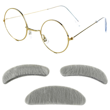 4E's Novelty Old Man Costume For Kids Boys - Glasses With Gray Stick On Fake Mustache & Eyebrows - 100 Days of School Costume for Boys, Old Man Costume for Kids, Grandpa Dress Up Accessories Kit