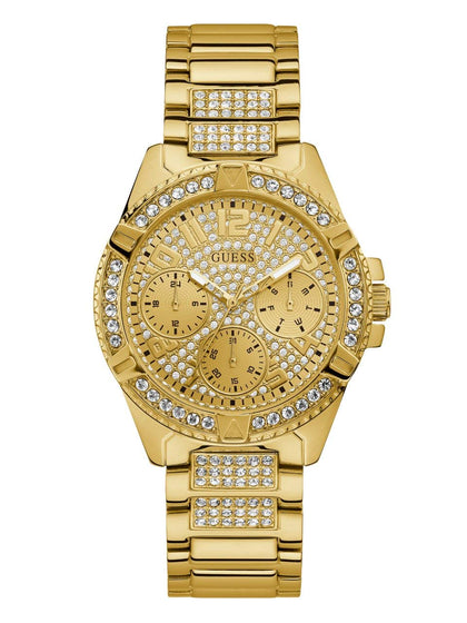 GUESS Gold-Tone Stainless Steel Crystal Watch with Day, Date + 24 Hour Military/Int'l Time. Color: Gold-Tone (Model: U1156L2)