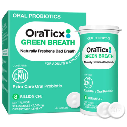 OraTicx Green Breath Oral Care Probiotics, Naturally Support Freshens Bad Breath & Healthy Mouth, Dental Probiotic Supplement 8 Billion CFU, Mint Flavor 30 Lozenges 1-PK