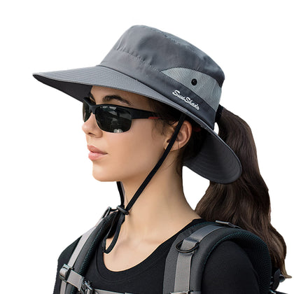 NPJY Ponytail Sun Hat Womens Men 3 Wide Brim UPF 50+ Fishing Beach Bucket Hats Grey