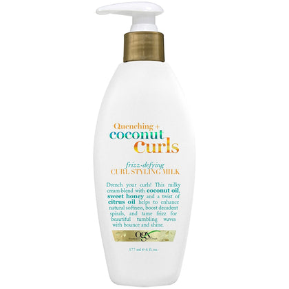 OGX Quenching + Coconut Curls Frizz-Defying Styling Milk, Nourishing Leave-In Hair Treatment with Coconut, Citrus Oil & Honey, Paraben-Free and Sulfated-Surfactants Free, 6 fl oz