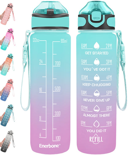 Enerbone 32 oz Water Bottle with Times to Drink and Straw, Motivational Drinking with Carrying Strap, Leakproof BPA & Toxic Free, Ensure You Drink Enough Water for Fitness Gym Outdoor