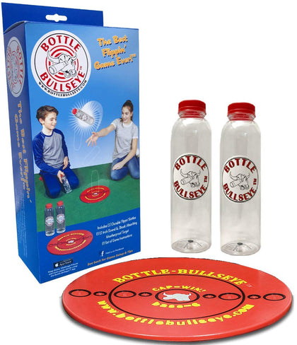 BOTTLE-BULLSEYE Game. Official Game Kit. Fun Family Game. Play Indoors or Outdoors. Made in The USA. Great for Family Game Night, Parties, picnics, Camping, Tailgating. Durable Target & Bottles!