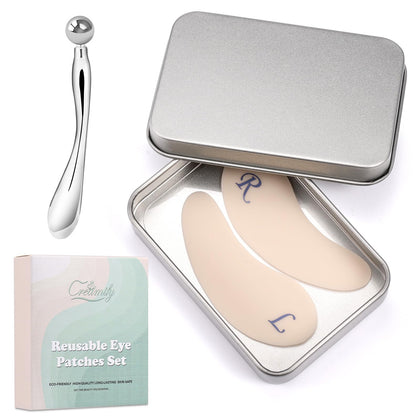 Creamify Reusable Eye Patches, Silicone Under Eye Patches with Lifting Effect to Reduce Wrinkles and Fine Lines, Pair with Metal Eye Cream Applicator,Tin Case