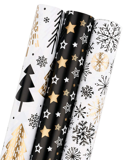 MAYPLUSS Wrapping Paper Roll - Mini Roll - 17 inch X 120 inch Per roll - 3 Different Christmas Black Gold Design (42.3 sq.ft.ttl)