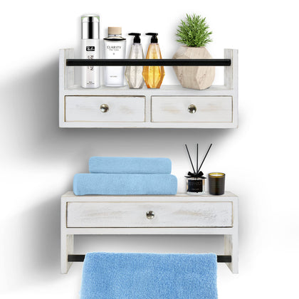 Y&ME YM Bathroom Shelf with Drawers Set of 2, Floating Nightstands for Bedroom, Wall Drawer and Towel Rack Mounted, Bathroom, Living Room, Kitchen (White)