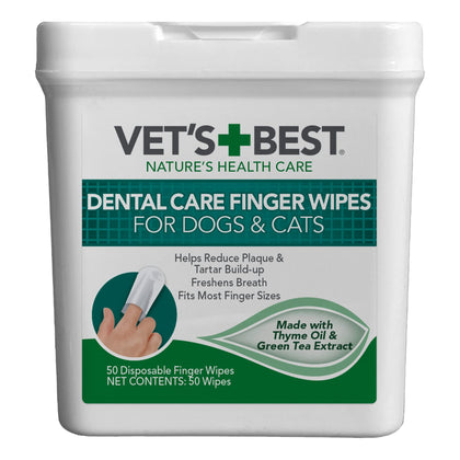 Vet's Best Dental Care Finger Wipes - Reduces Plaque & Freshens Breath - Teeth Cleaning Finger Wipes for Dogs & Cats - 50 Count