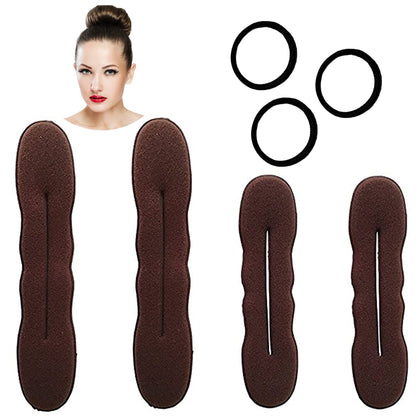 Styla Hair Brown Magic Hair Bun Maker 4 Pack (2 Small, 2 Large) Foam Sponge Buns with Hair Ties Shaper Accessories Strong Flexible Reusable Bun Twister for Updos, Ballet Buns, French Twist, Waves & more!