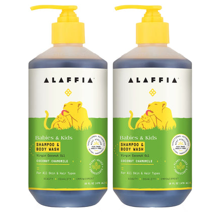 Alaffia Babies and Kids Shampoo and Body Wash, Gentle and Calming Support for Soft Hair and Skin with Yarrow and Chamomile, Coconut Chamomile, 2 Pack - 16 Fl Oz Ea