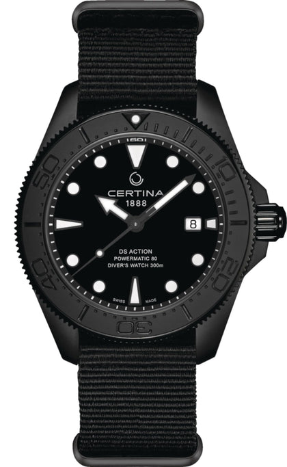 Certina, Mens, DS Action Diver 43mm Powermatic 80, Stainless Steel, Swiss Automatic, Watch, Black, Plastic, 21, (C0326073805100)