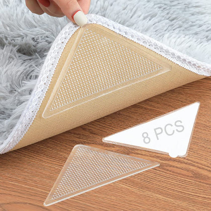 Rug Grippers, Triangle Anti Slip and Non Curling Carpet Gripper, Keep Rug in The Place and Protect Floor Washable and Reusable Rug pad, Non-Trace Removable Rug Tape for Hardwood Floor (Clear, 8 pcs)