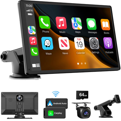 Laviay Wireless Carplay Touchscreen with 4K Dash Cam, Portable 9'' Apple Carplay & Android Auto Car Stereo, Car Play Car Audio Receivers with 1080p Backup Camera, GPS Navigation, Bluetooth