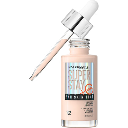 Maybelline Super Stay Up to 24HR Skin Tint, Radiant Light-to-Medium Coverage Foundation, Makeup Infused With Vitamin C, 102, 1 Count