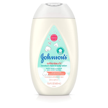 Johnson's Baby CottonTouch Newborn Baby Face and Body Lotion, Hypoallergenic Moisturization for Baby's Skin, Made with Real Cotton, Paraben-Free, Dye-Free, 13.6 fl. oz