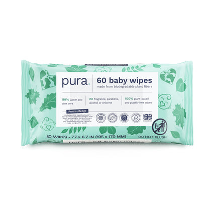 Pura Baby Wipes, 100% Plastic-Free & Plant Based Wipes, 99% Water, Suitable for Sensitive & Eczema-prone Skin, Fragrance Free & Hypoallergenic, Cruelty Free, EWG Verified, 1 Pack of 60 Wet Wipes