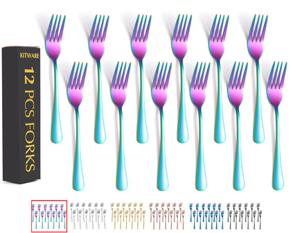 Rainbow Fork Set Of 12 Pieces, Iridescent Silverware Salad Forks, Stainless Steel Cutlery, KITWARE Kitchen Utensils, New Appartment Essential Tableware