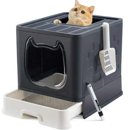 Vealind Foldable Cat Litter Box with Sifting Lid Covered Kitten Litter Box with Kitty Litter Scoop and 2 in 1 Brush, Easy to Clean Litter Pan, Enclosed Cats Litter Tray