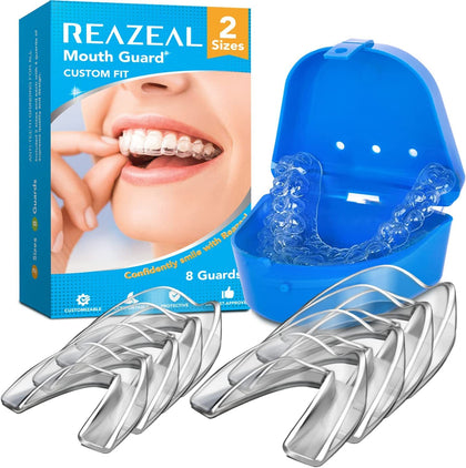 Reazeal Mouth Guard for Clenching Teeth at Night, Sport Athletic, Whitening Tray, 2 Sizes, Pack of 8 with Travel Case