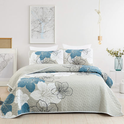 DJY 3 Pieces Quilt Set Queen Floral Pattern Coverlet Elegant Boho Bedspread with 2 Pillow Shams Lightweight Microfiber Bedding All Season (Blue, 90