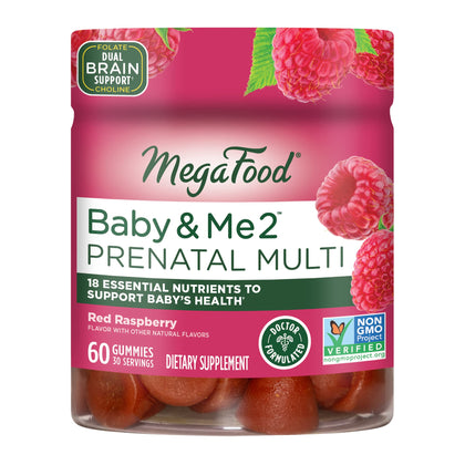 MegaFood Baby & Me 2 Prenatal Vitamin Gummies - Prenatal Vitamins for Women with Folic Acid and Choline for Babys Brain Development; Plus Real Fruit- Red Raspberry Flavor - 60 Gummies (30 Servings)