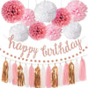 OuMuaMua Pink Rose Gold Birthday Party Decorations Set, Rose Gold Glittery Happy Birthday banner, Tissue Paper Pom, Circle Dots Garland and Tassel Garland for Birthday Party Decorations