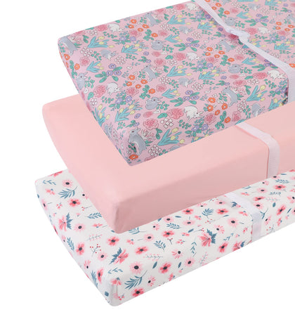 Tontukatu Changing Pad Cover Set 3 Pack Jersey Knit Ultra Soft for Baby Boys Girls Floral/Grey Rabbit/Pink