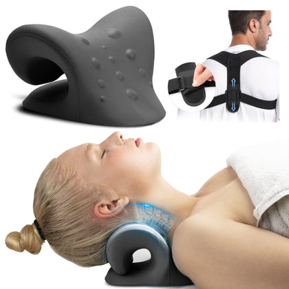 FSA HSA Eligible iBYWM Neck and Shoulder Relaxer with Posture Corrector Back Brace, Neck Stretcher Cervical Traction Device for Spine Alignment, Upper Back Support Adjustable Straightener (Black)