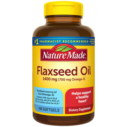 Nature Made Extra Strength Flaxseed Oil 1400 mg, Fish Free Omega 3 Supplement, Dietary Supplement for Heart Health Support, 100 Softgels, 100 Day Supply