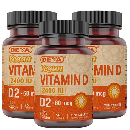 DEVA Vegan Vitamin D2 60 mcg 2400 IU, Ergocalciferol Supplement with No Animal Ingredients, 90 Tablets (Pack of 3)