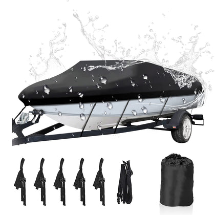 NEVERLAND Trailerable Boat Cover Waterproof Heavy Duty Marine Grade Polyester Canvas Fits Bass Boat, V-Hull,Tri-Hull,Ski,Pro-Style, Runabouts, Fishing Boats?Boat Length 17-19ft, Beam Width up to 102