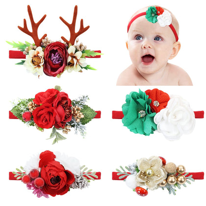 Cinaci 5 Pack Delicate Floral Flower Nylon Headbands Hair Bands Christmas Hair Accessories for Baby Girls Newborns Infants Toddlers Kids (5 Pack S6)
