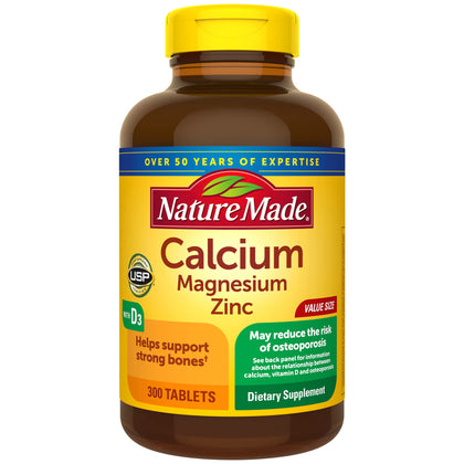 Nature Made Calcium Magnesium Zinc with Vitamin D3, Dietary Supplement for Bone Support, 300 Tablets