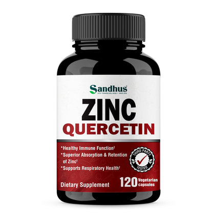Sandhu's Zinc Quercetin 120 Vegetarian Capsules - Zinc Supplements for Antioxidant Immune Support Zinc for Men and Women - Gluten, Soy, Dairy Free