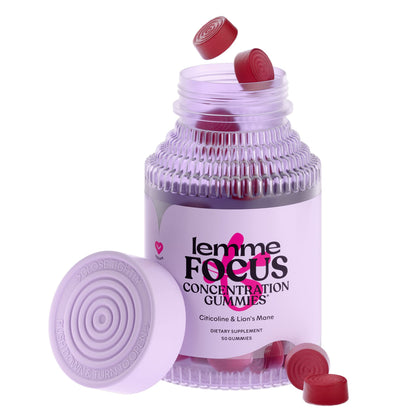 Lemme Focus Concentration & Brain Health Gummies with Cognizin Citicoline, Lion's Mane Mushroom, Vitamin B12 to Support Focus + Concentration - Vegan, Gluten Free, Caffeine Free, Strawberry (50 Count)